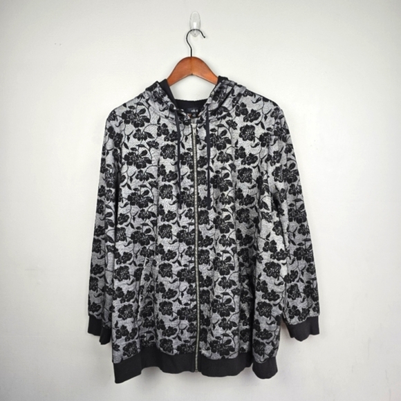 ELLOS Lightweight Floral Zip Jacket Hood Drawstring Black Womens Plus Size 1X‎ - Picture 1 of 12